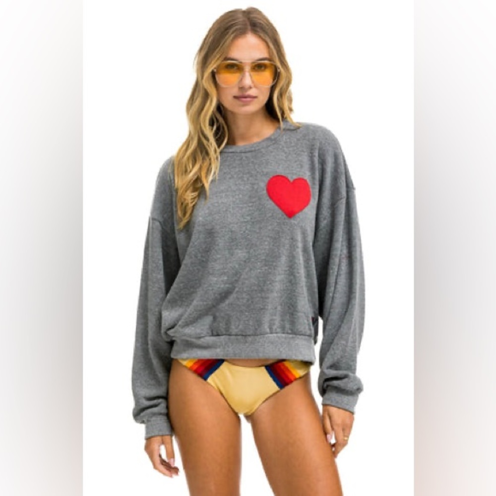 Aviator Nation HEART STITCH RELAXED CREW SWEATSHIRT - HEATHER GREY S